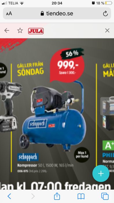 Reklambild på en blå Scheppach kompressor 50L med priset 999 kr och texten "Gäller från söndag".