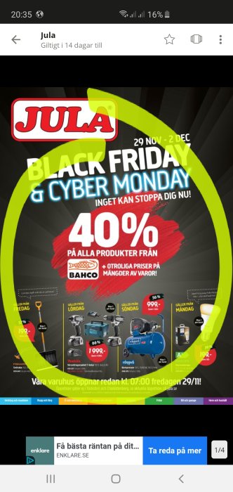 Reklambild för Julas Black Friday och Cyber Monday-försäljning med upp till 40% rabatt på produkter.