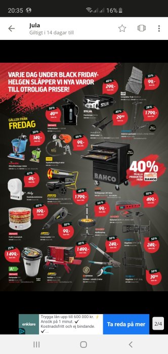 Reklamblad från Jula med Black Friday-erbjudanden på olika verktyg och husgeråd.