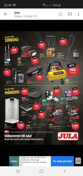 Skärmdump av Jula katalog med erbjudanden på verktyg som borrar, sågar och elektronik.