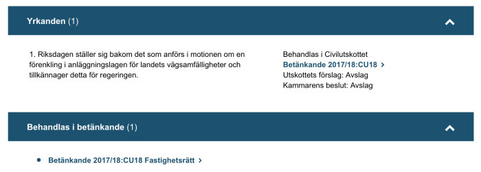 Skärmdump av dokument som visar riksdagsmotion gällande förenkling av anläggningslagen för vägsamfälligheter.