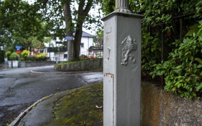 Närbild av en gammal lyktstolpe med ett reliefmotiv av ett lejon, intill grönska på en stadsgata.