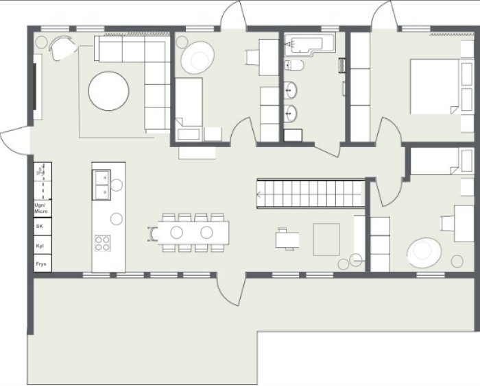 Planlösning av lägenhet anpassad för uthyrning till student, med bevarade originaldetaljer för kostnadseffektivitet.