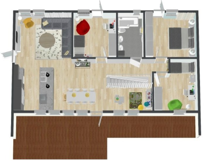 Planritning av en våning med möblering, inkluderar kök, vardagsrum, sovrum och badrum.