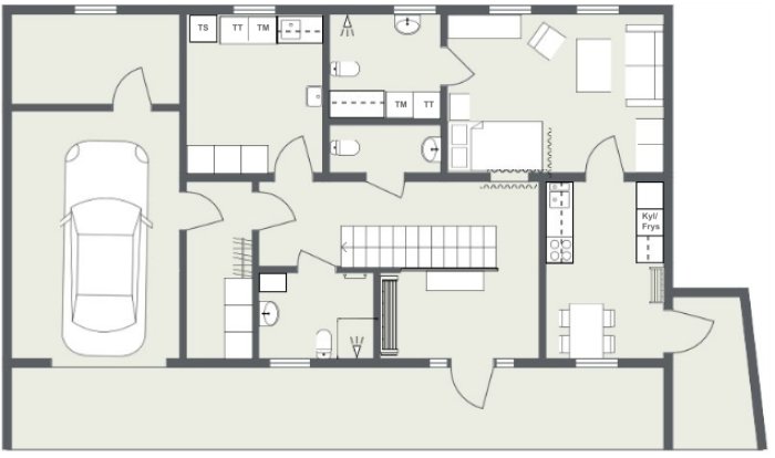 Ritning av en lägenhetsplanlösning med möbler, en bil i garage, kök, badrum och separata sovrum.