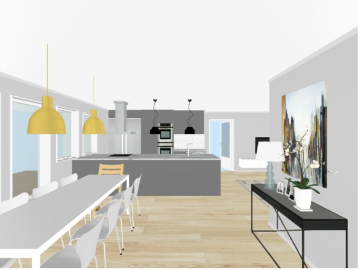 Digitalt ritad inredningsdesign med modernt kök och matplats, samt stor tavla på väggen.
