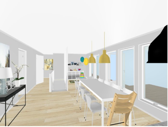 3D-rendering av en ljus vardagsrumsdesign med köksö, matsalsstolar och fönster.