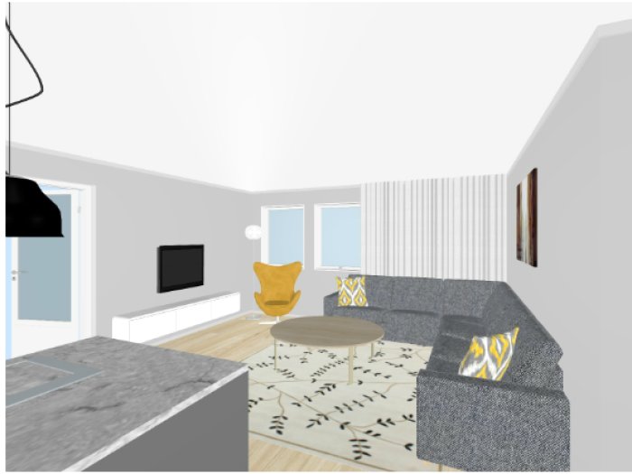 Illustration av ett vardagsrum med soffa, bord, köksö och TV, designat för att vara kostnadseffektivt och funktionellt.