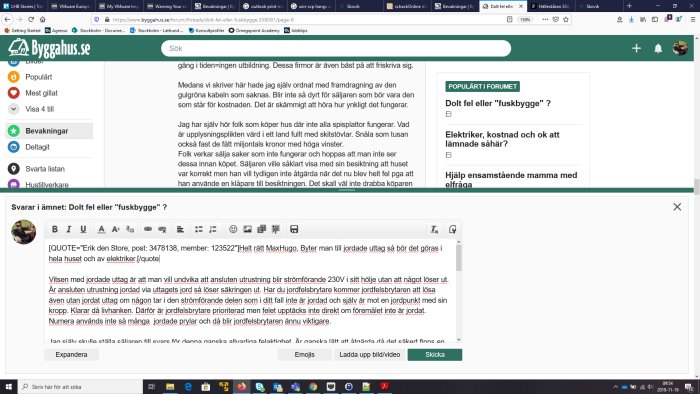 Skärmdump av en diskussionstråd om elinstallationer på ett renoveringsforum.