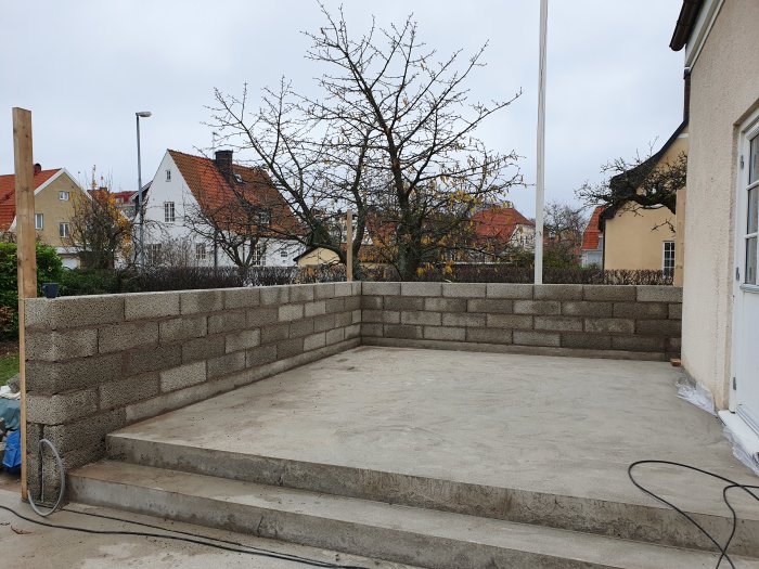 Nybyggd tegelmur på en betonggrund i en trädgård, delvis molnig himmel i bakgrunden.