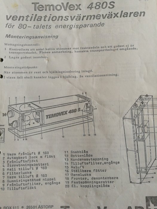 Gammal bruksanvisning för Temovex 480S ventilationsvärmväxlare med montageinstruktioner och detaljerade tekniska ritningar.