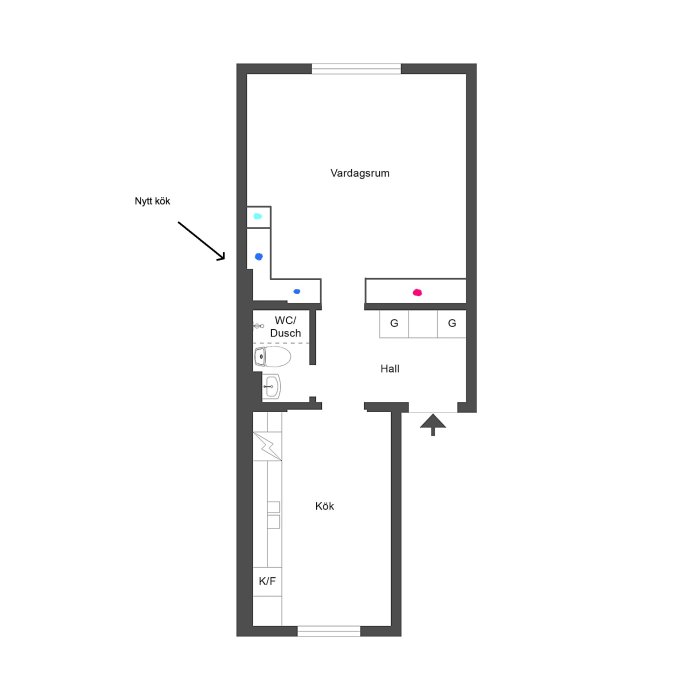 Oritad lägenhetsplan med förslag på nytt köksläge i vardagsrummet, inklusive placering av vitvaror och spis.