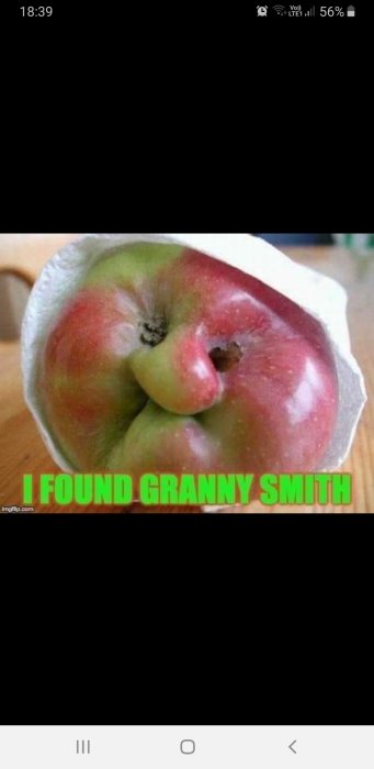 Ett rött och grönt äpple med mänsklika ansiktsdrag och texten "I FOUND GRANNY SMITH" i grönt nedanför.