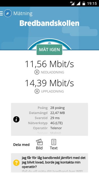 Skärmdump av bredbandsmätning visar 11,56 Mbit/s nedladdning och 14,39 Mbit/s uppladdning.