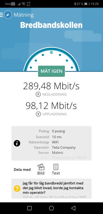 Skärmdump av bredbandsmätning med 289,48 Mbit/s nedladdning och 98,12 Mbit/s uppladdning.