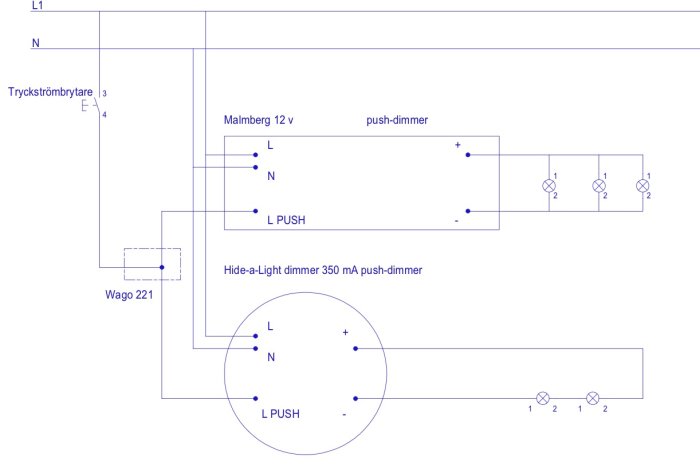 Elkopplingsschema som visar två transformatorer anslutna till en PUSH-knapp och flera spotlights.