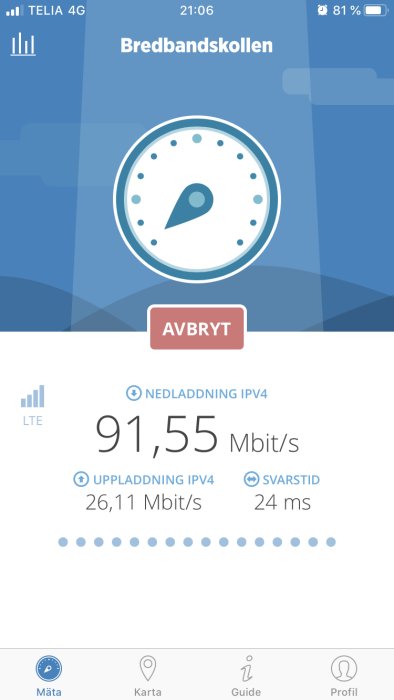 Skärmdump av bredbandsprestanda med 91,55 Mbit/s nedladdning och 26,11 Mbit/s uppladdning på 4G-nätverk.