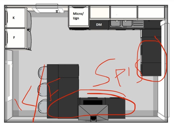 Skiss av ett kök med annoteringar visar föreslagen placering av spisen mot vardagsrummet för bättre öppenhet.