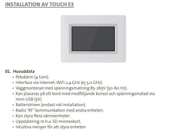 Väggmonterad Touch E3-värmeregulator med svart display och specifikationer för smart hem-kommunikation.