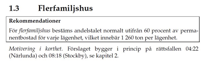 Textutdrag ur Lantmäteriets rekommendation om andelstal för flerfamiljshus, 60% per lägenhet.
