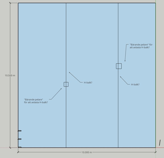 Ritning av ett kvadratiskt hus med dimensionerna 10x10.5 meter, markerade H-balkar och stödjande pelare för flexibel rumsindelning.