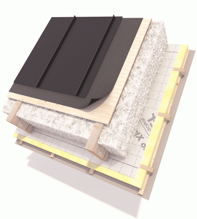 3D-modell av takkonstruktion med takpannor, lufttätning, isolering och synliga hanbjälkar.