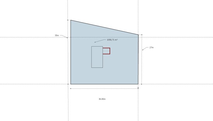 En ritning av ett utbygge som visar mått och area på 1058,71 m², med markerade längder och bredder.