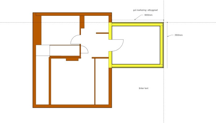 Ritning av en planlösning för en tillbyggnad med måttangivelser och en markerad del i gult som indikerar utbyggnadens område.