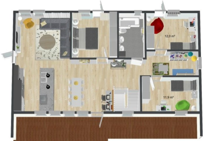 Illustrativ ritning av en bostadsplanlösning med markerade möbler, spabadrum, och ångduschkabin, samt kök nära toalett.