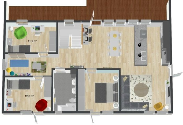 Översiktsplan för en bostad med markerat arbets/pysselbord, kök, spa och groventré.