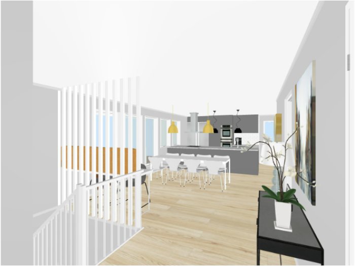 3D-visualisering av en öppen planlösning med kök och matplats, arbetsbord, samt trappa med fönster.