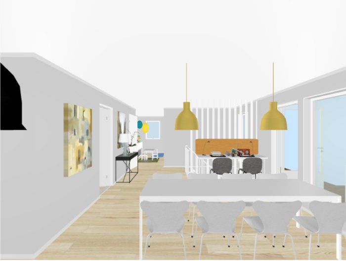Ritning av interiör med två matplatser, arbets-/pysselbord, vita stolar och gula taklampor.