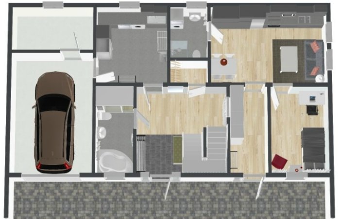 Ritning av en planlösning med garage, tvättstuga, hall, badrum, kök och vardagsrum, samt arbets-/pysselbord.