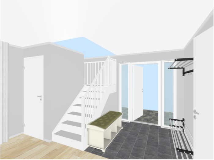 3D-simulering av en husentré med trappa, bänk och dörrar till andra rum.