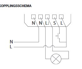 Kopplingsschema som visar anslutning av återfjädrande brytare med märkningar N, L och jord.