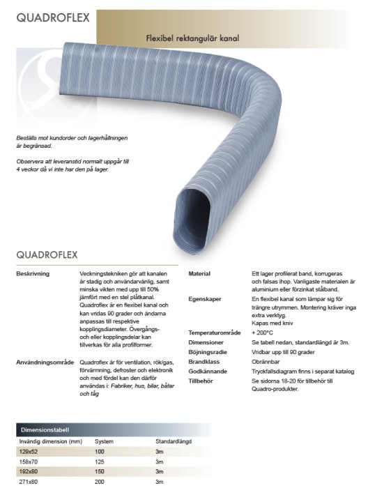 Produktblad för Quadraflex flexibel rektangulär kanal som visar beskrivning, användningsområde och tekniska specifikationer.