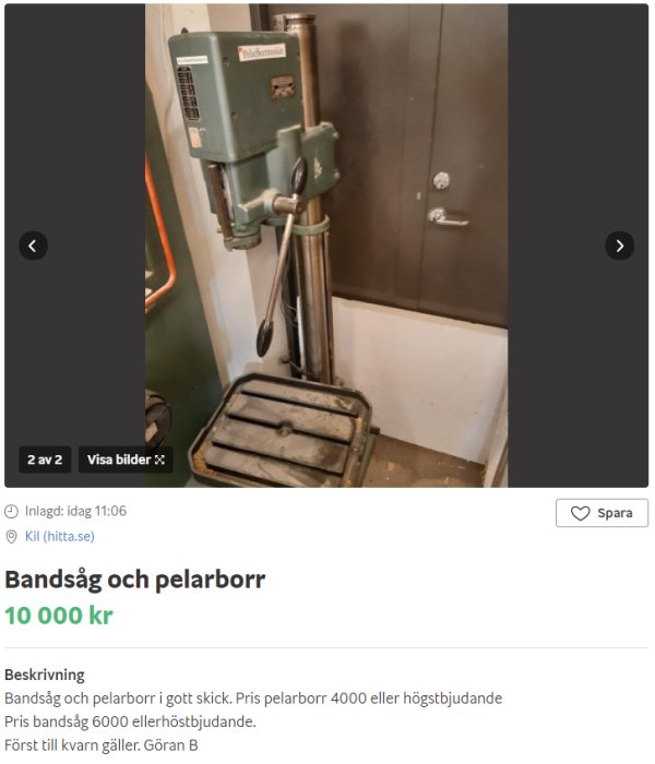 Pelarborr i verkstadsmiljö till salu, använd men i gott skick.