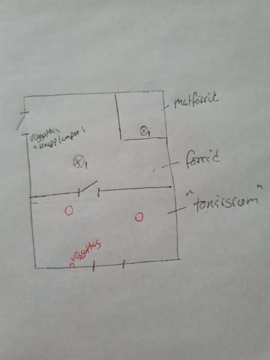 Handritad skiss av husplan som visar placering av vägguttag och lampor i förvaring, matförvaring och "tonårsrum".