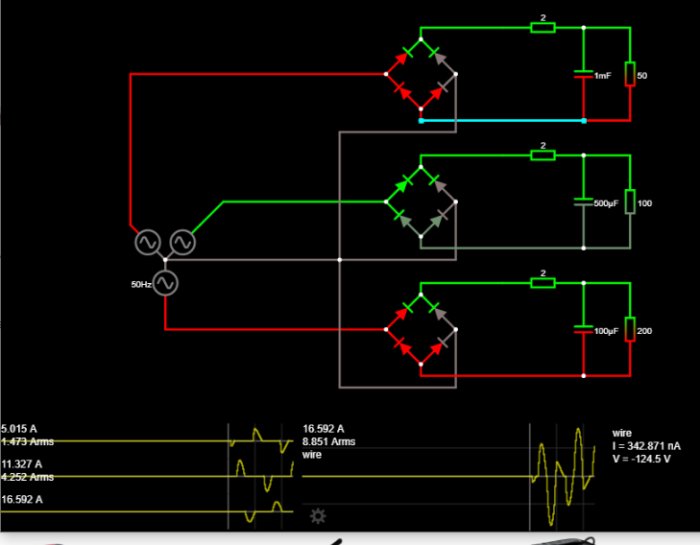 Elektrisk kretsdiagram som visar spänningsfall med kondensatorer i olika konfigurationer och strömvärden.