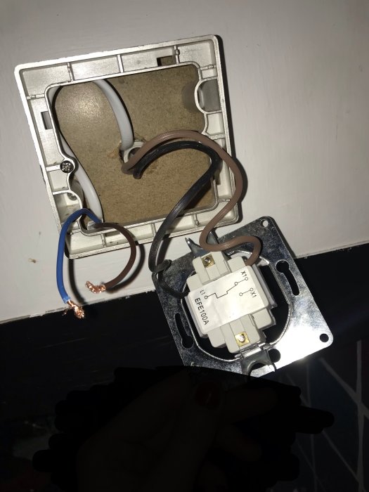 Öppen strömbrytare med brun, svart, blå och bar kabel synlig, klar för koppling.
