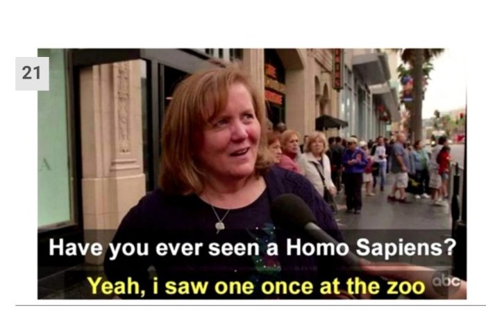 Kvinna intervjuas på gatan med undertext om att ha sett Homo Sapiens på zoo.