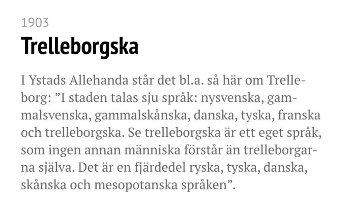 Skärmdump av en artikeltext från 1903 om "Trelleborgska", som nämner flera språk talade i Trelleborg.