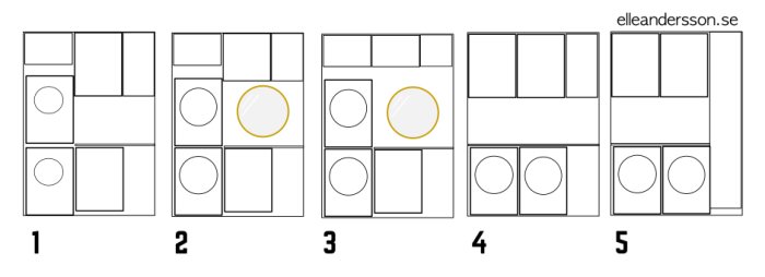 Skiss över olika layoutförslag för tvättstugemöblering, inkluderar tvättmaskin, skåp och spegel.