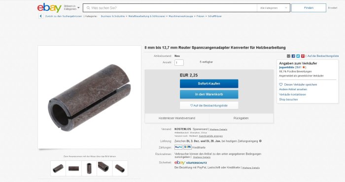 Reduceringshylsa för router från 8 mm till 12,7 mm på Ebay-produktsida.