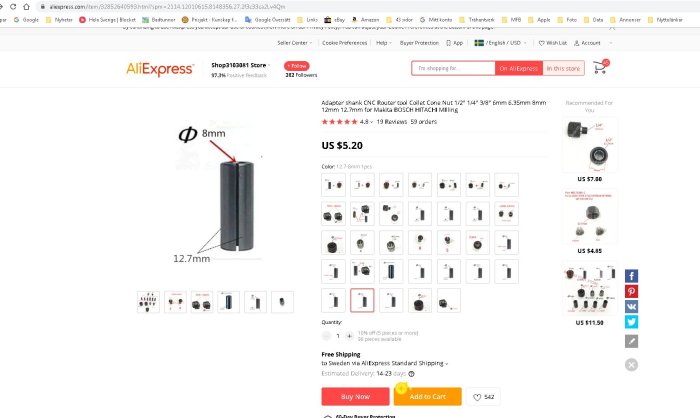 Reduceringshylsa på AliExpress webbsida, visar 8mm öppning och 12,7mm längd.