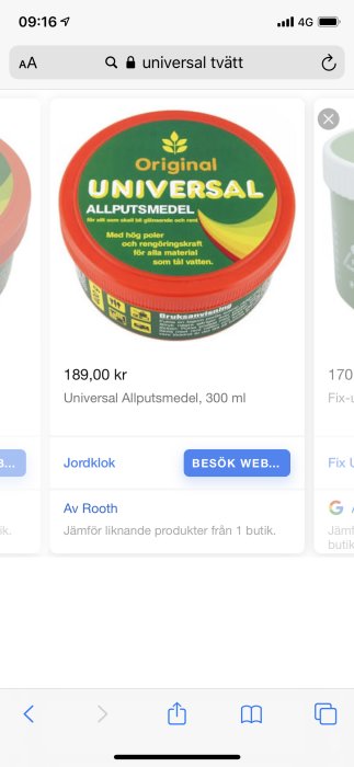 Burk med Original Universal Allputsmedel på en online shopping sida visande pris och storlek 300 ml.