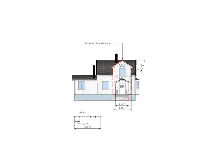 Arkitektritning av en husfasad med markerade mått och takstol.