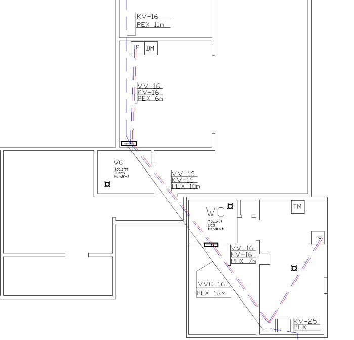 Grovritning av VVS-layout för badrumsrenovering, med markerade PEX-rör och dimensioner för vattenledningar.