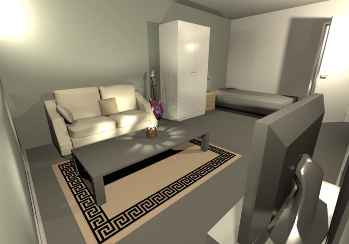 3D-rendering av ett modernt vardagsrum med soffa, matta, vit garderob och gitarr.