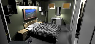 3D-visualisering av ett sovrum med golvvärme, innehållande säng, skrivbord och TV.